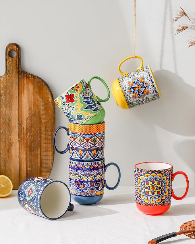 HENXFEN LEAD Boho Ceramic Coffee Mugs Set of 6, 14 oz Colorful Cups for Tea, Latte & Hot Chocolate – Microwave & Dishwasher Safe