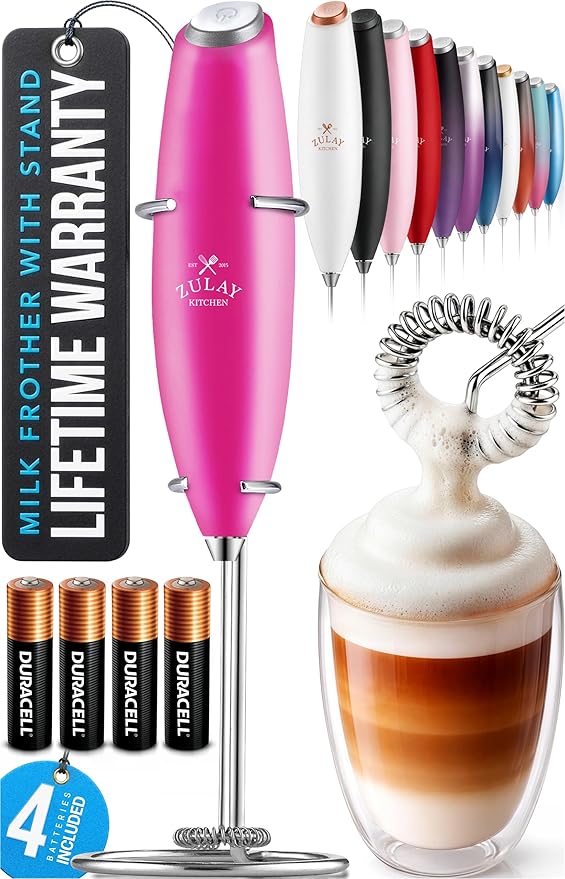 Zulay Kitchen Powerful Milk Frother Wand With 4 AA Duracell Batteries - Ultra Fast Handheld Drink Mixer - Electric Whisk Foam Maker for Coffee, Lattes, Cappuccino, Matcha & Creamer - Dragonfruit