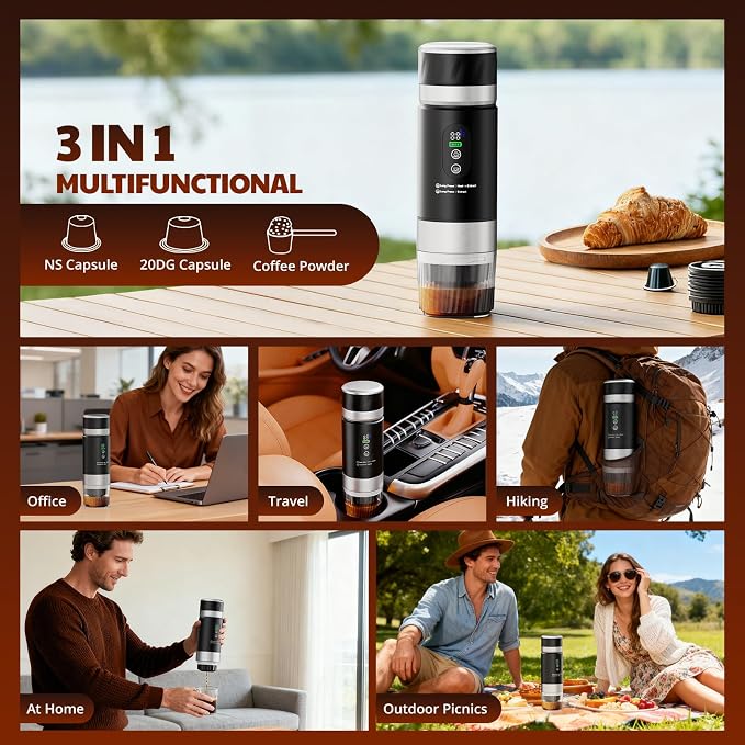 Portable Espresso Maker with Removeable Battery, Portable Espresso Machine with USB-C, 3-in-1 Small Espresso Machine with Ground Coffee & Capsules (NS＆DG) for RV, Hiking (Black)