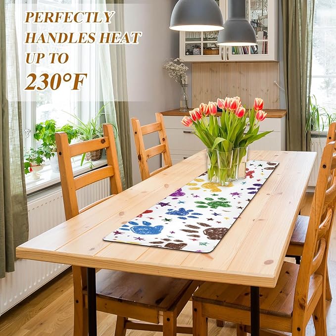 Paw Prints and Stars Trivet Table Runner Heat Resistant 230F for Hot Dishes Pots Plates Kitchen Dining Table Protector Decorative 39.37 X 11.8 Inch
