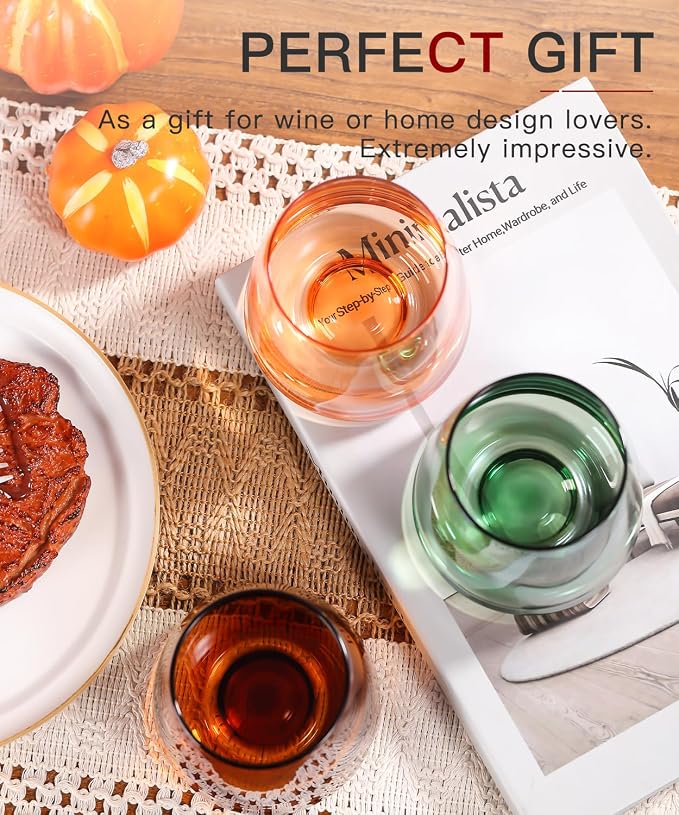 comfit Stemless Colored Wine Glasses Set of 6-15oz Colorful Wine Glasses,Perfect Red Wine Glass Stemware for Wine Lover in Wedding,Engagement Gifts