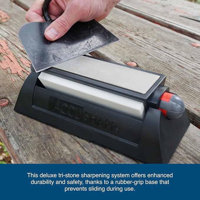 AccuSharp Deluxe Tri-Stone Knife & Tool Sharpening System Kit, Slip Resistant, Mountable Rubber-Grip Base, Quickly Sharpens, Restores, Repairs & Hones All Types of Blades & Knives, Diamond Coated