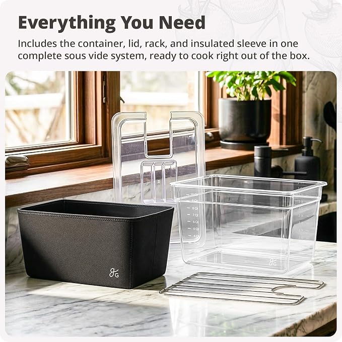 Greater Goods Sous Vide Container 12 Qt with Stainless Steel Rack, Insulation Sleeve, and Lid, (Onyx Black)