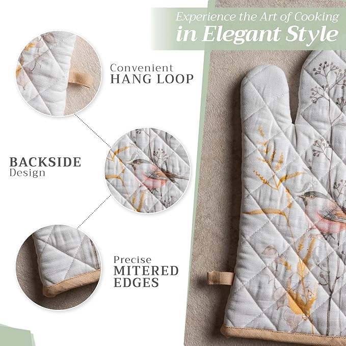 Maison d'Hermine Oven Gloves 100% Cotton Oven Mitt 7" x 13" with Loop Heat Resistant BBQ Cooking Gloves Baking Grilling Gifts for Mothers Day Spring/Summer (Pack of 1, Meadow Florals - Beige)