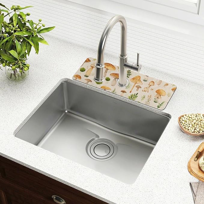 Kitchen Sink Splash Guard 1 PC 30 Inch Sink Faucet Mat Splash Guard for Bathroom Countertop Water Absorbent Foldable Cuttable Soft Washable Watercolor Mushrooms Beige