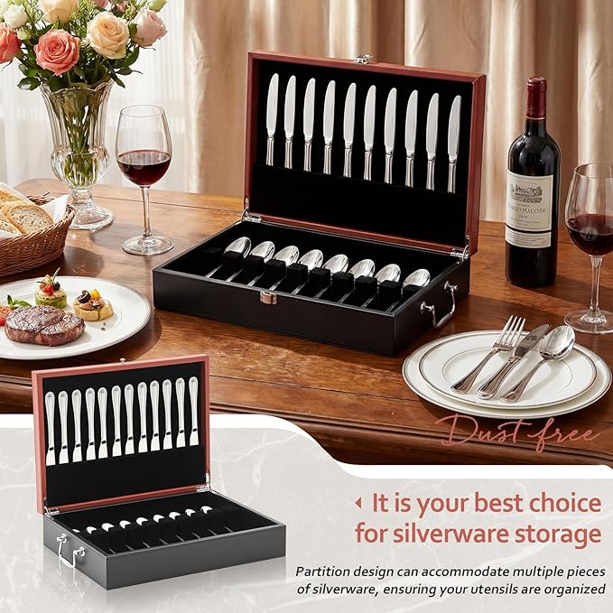 DoubleFill 1 Layer Leather Silverware Storage Box with Lid and Handles, Anti Tarnish Silverware Storage Chest Case with Felt-lined for 12 Sets of Utensils Flatware Gifts, 15.3x11.2x3.6 Inch