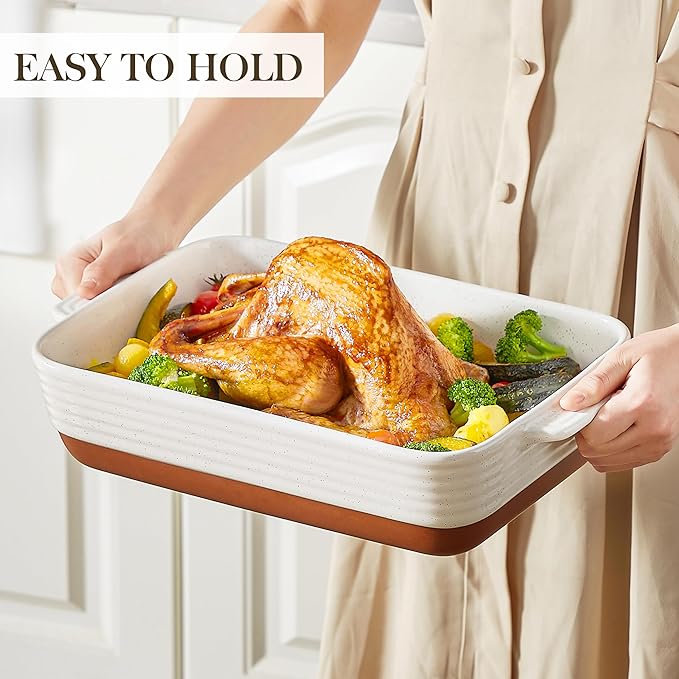 MALACASA 9x13 Ceramic Baking Dish, 4.8 QT Deep Casserole Dish with Handles, Oven Safe Lasagna Pan for Baking, Roasting & Serving, Rectangular Bakeware, Khaki & White, Tara