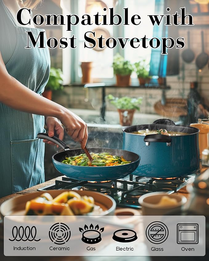 Cook N Home Professional Pots and Pans Nonstick Cookware Set, Belly Shape Kitchen Cooking Set with Frying Pans and Saucepans, Induction Compatible, 10-Piece, Turquoise