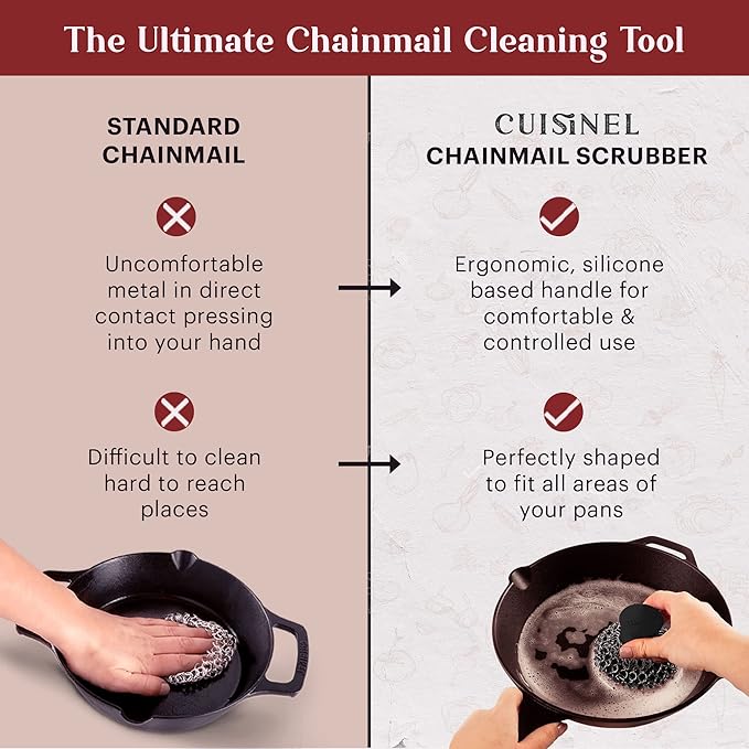 Cuisinel Cast Iron Chainmail Scrubber + Pan Scraper - Deluxe Ergonomic Stainless and Silicone Cleaner for Pots and Skillets - Food-Safe Design - Easy to Clean Dishwasher Safe Cookware Sponge Accessory