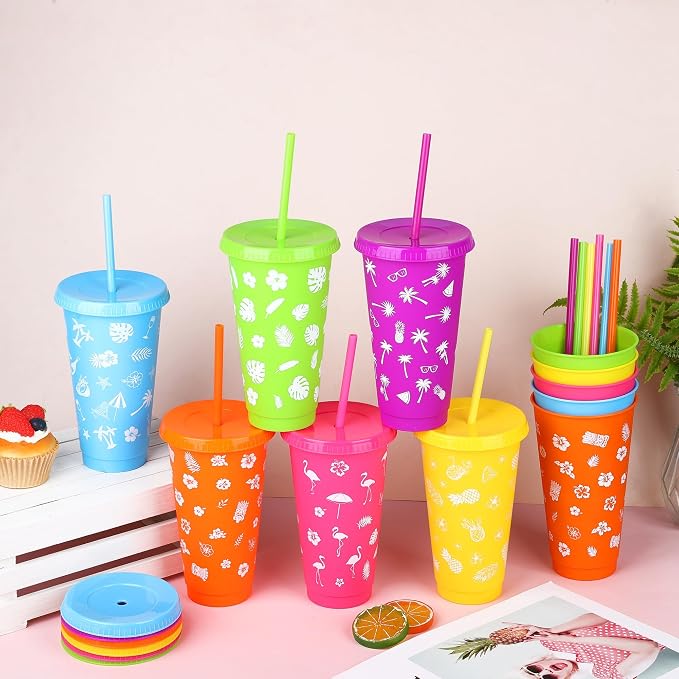 Kochorie 48 Pieces 24 oz Hawaiian Party Cups Luau Tumbler Cups with Straw and Lid 6 Design Reusable Plastic Travel Mug Cup for Hawaiia Party Favors, Luau Party, Tiki Party