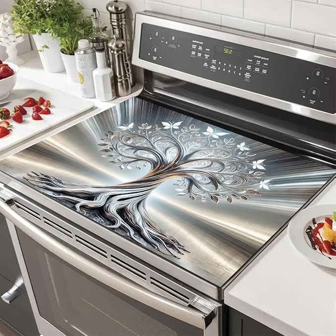 HOMETITUTE Silver Tree Stove Top Covers Pad Kitchen Decorations Dish Drying Mat 28 x 20 inches Tree of Life Coffee Bar Mats Absorbent Pad Fit Coffee Maker Machine Dish Drying Kitchen Decor