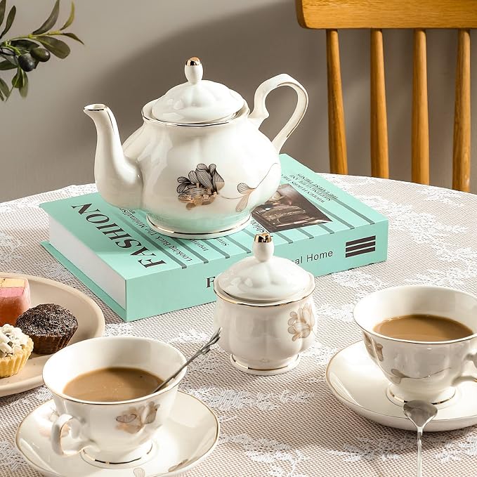 CHENP.HMC Porcelain Ceramic 22-Piece Tea Set, Teapot and Cup Set, 30.7 Ounces, for 6, Gift Sets, Tea or Coffee Lovers, Wedding, Birthday