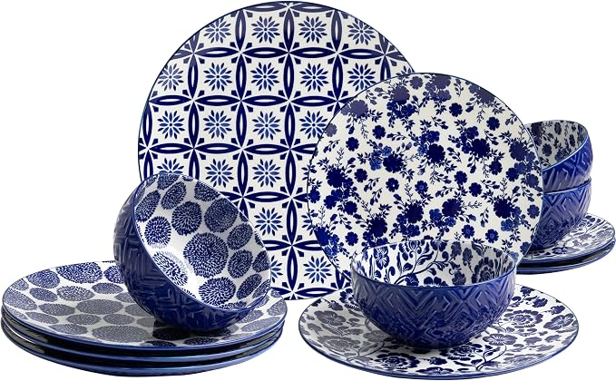 LEHAHA 12 Pieces Modern Porcelain Dinnerware Set，Service for 4, Ceramic Plates and Bowls Sets, Kitchen Dinner, Salad, Dessert Plate and Cereal Bowl Set, Ceramics Dishes Set, Blue and White