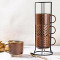 GBhome 12OZ Stackable Coffee Mugs with Stand, Ceramic Coffee Mugs with Texture Patterns for Man,Woman,Dad,Mom, Modern Coffee Cups Set of 4 for Latte/Cappuccino. Dishwasher&Microwave Safe, Caramel
