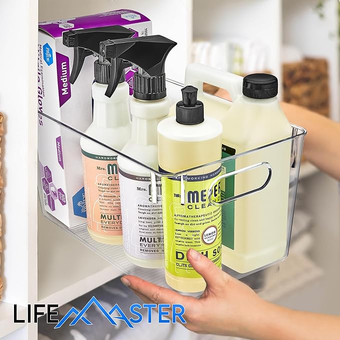 Lifemaster Stackable Refrigerator Bins - Set of 6 Large Capacity Organizers with Easy Grip Handles - Clear and Versatile for Kitchen Storage