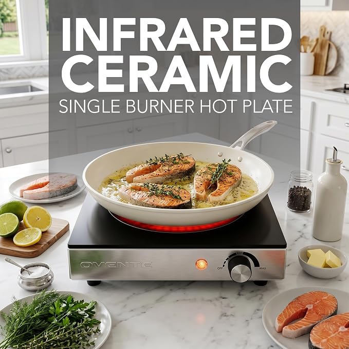 OVENTE Infrared Ceramic Single Burner, 1200W Electric Countertop Hot Plate with Black Crystalline Glass, Portable Stainless Steel Cooktop for Home, Office, or Dorm Use, Black BGI301GB
