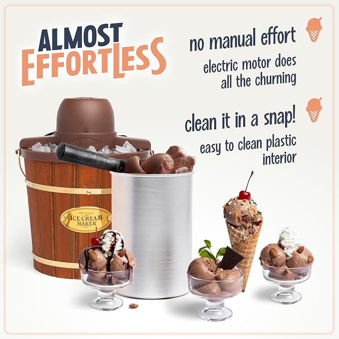 Nostalgia Electric Ice Cream Maker - Old Fashioned Soft Serve Ice Cream Machine Makes Frozen Yogurt or Gelato in Minutes - Fun Kitchen Appliance - Vintage Wooden Style - Dark Wood - 4 Quart