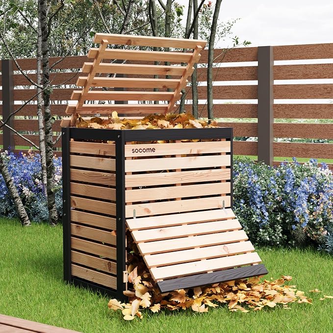 95 Gallon Solid Wood Composter, Outdoor Compost Bin with Pull-Out Door, Large Composting Bin for Backyard, Garden, Patio, Natural
