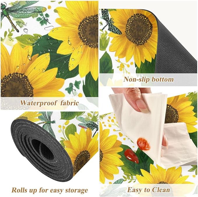 2 in 1 Table Runner Trivet for Hot Pots and Pans Heat Resistant Non Slip Waterproof 39 x 12 Inch Decorative Table Protector for Kitchen Countertop Cute Yellow Sunflowers and Dragonflies