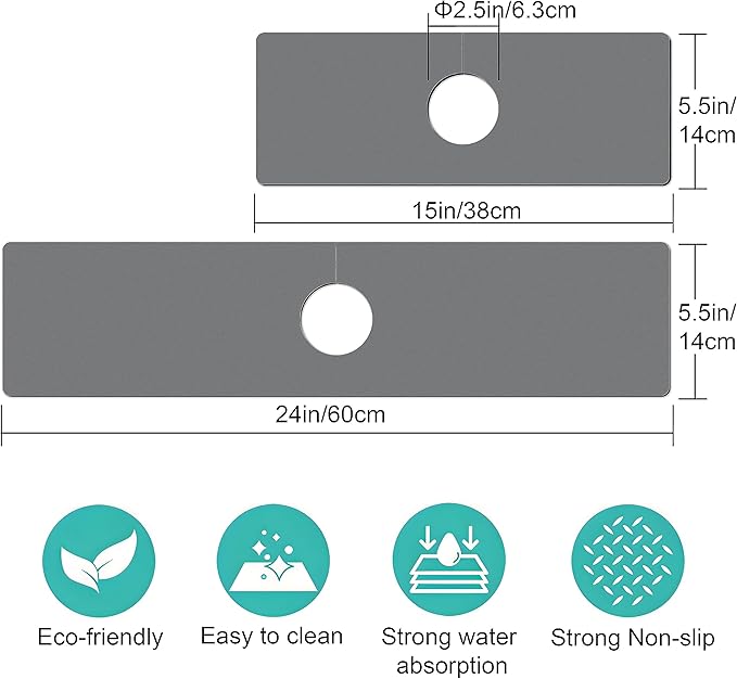 Kitchen Sink Splash Guard Faucet Mat -2 PC Super Absorbent Fast Drying Mat Sink Gadgets-Splash Guard Behind Faucet Drip Catcher for Kitchen(15" X 5.5" )