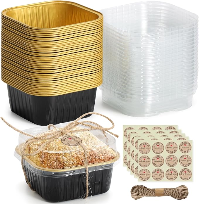 Mini Square Baking Cups with Lids, 50 Pcs 5oz Aluminum Foil Cupcake Tins with Lids, Disposable Ramekins Flan Cake Pans Tins for Souffle, Dessert, Valentine, Wedding, Party Small Cake Containers
