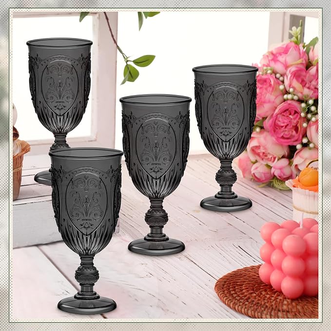 Wiwiqing 24 Pcs Plastic Goblets 7.5oz Vintage Goblet Plastic Wine Glasses Colored Retro Embossed Water Goblets for Wine Bar Juice Baby Shower Wedding Reception Grand Event Party (Black)