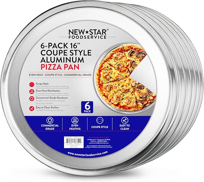 New Star Foodservice Restaurant-Grade Aluminum Pizza Pan, Baking Tray, Coupe Style, 16-Inch, Pack of 6