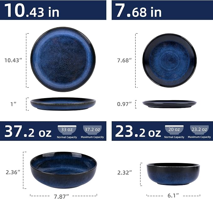 Porcelain Plates and Bowls Set for 4, 16 Pcs Ceramic Blue Reactive Glaze Dinnerware Set with Pasta Bowls, Kitchen Dish Set with Double Bowls, Microwave and Dishwasher Safe