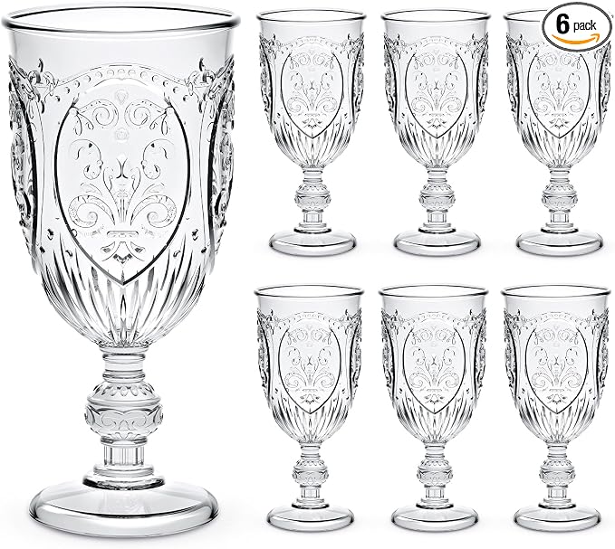 Wiwiqing 6 Pcs Plastic Goblets 7.5oz Vintage Goblet Plastic Wine Glasses Colored Retro Embossed Water Goblets for Wine Bar Juice Baby Shower Wedding Reception Grand Event Party (Clear)
