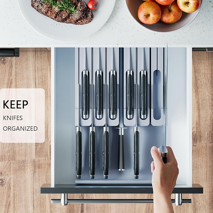 Domax Bamboo In-Drawer Knife Block Kitchen Knife Organizer Insert for 12 Knives and 1 Sharpening Steel(Not Included), Steak Knife Holder, Gray