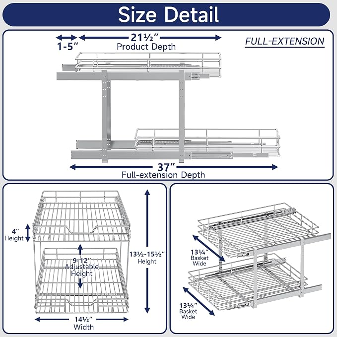 2-Tier Pull Out Cabinet Organizer, 14.5" W x 21.5" D, Heavy Duty Dual Slide Out Shelves for Base Cabinets, Chrome Wire Basket Drawer for Pantry, Kitchen & Bathroom Storage