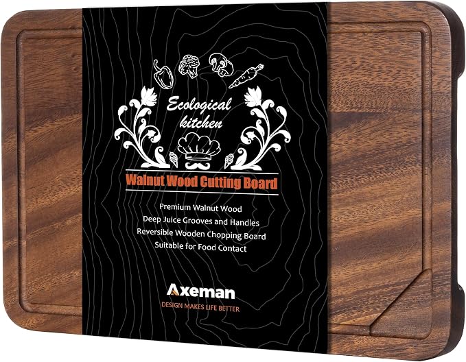 Axeman Walnut Wood Cutting Board with Juice Groove for Kitchen Countertop, Tick American Black-Walnut Wooden Chopping Board Charcuterie Board Butcher Block for Meat Vegetables, 12x8 inch