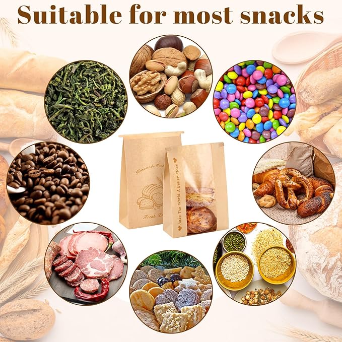 Honoson 200 Pcs Large Paper Bread Bags for Homemade Gift Giving, Sourdough Bread Bags with Window, Bakery Storage Tin Tie Tab Lock Cookie Packaging with Label Seal Stickers (Classic Style)