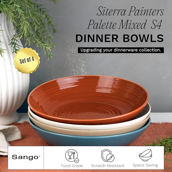 Sango Siterra Painter's Palette Stoneware Pasta Bowls (Set of 4) – Pasta & Serving Bowls, Earthy Reactive Glaze, Multi Assorted Colors, Microwave & Dishwasher Safe, for Everyday Dining & Entertainment