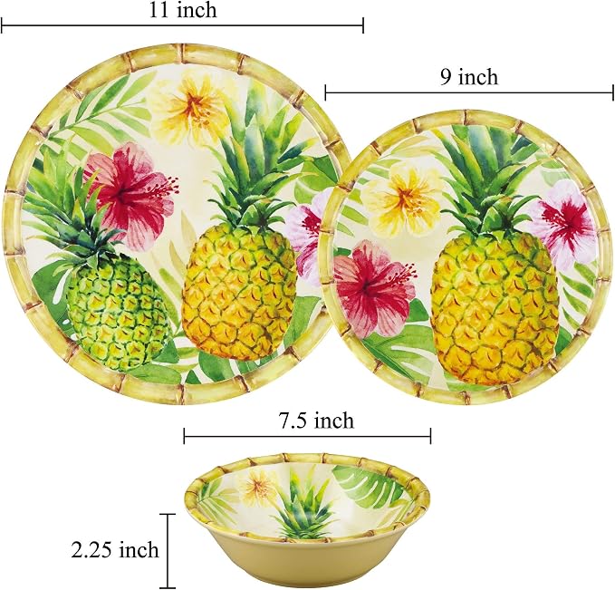 UPware 12 Piece Pineapple Melamine Dinnerware Sets, Outdoor Dishes Set, Plates and Bowls Sets, Service for 4, Multicolor