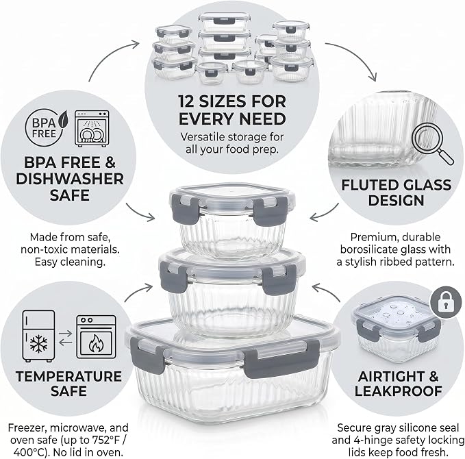 Glass Food Storage Containers with Lids, 12 Piece Glass Meal Prep Containers Set, Airtight Leakproof Snap Lock Lids, BPA-Free, Freezer Microwave Oven Dishwasher Safe, Ribbed Glass Containers