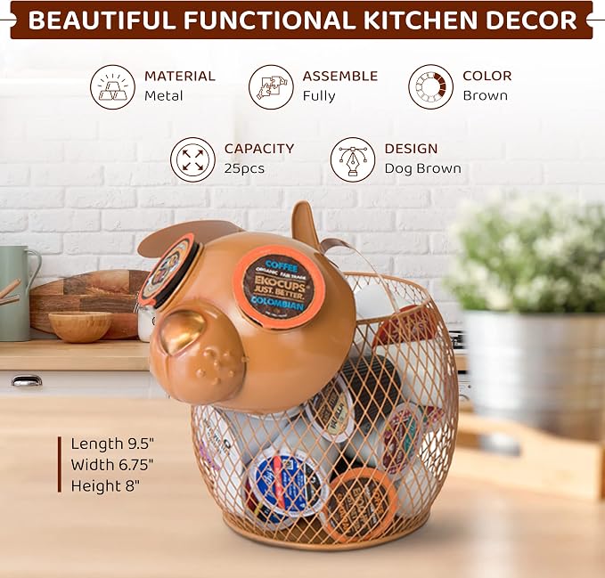 Made Easy Kit Coffee Pod Organizer - Home Coffee Bar Functional Décor - Café Station Countertop Storage Accessories (Brown Dog)