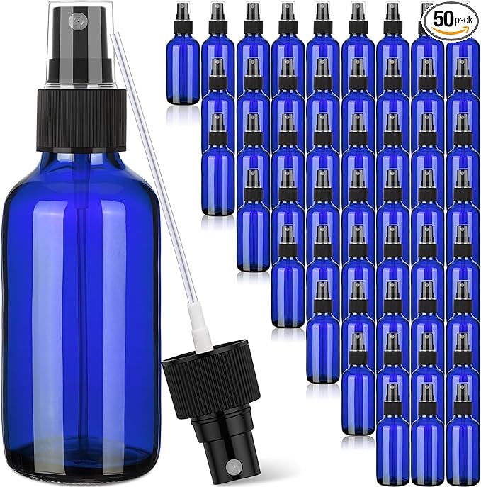 Maxcheck 50 Pieces 4oz Small Glass Spray Bottles for Essential Oil Empty Spray Mist Bottle Empty Fine Mist and Refillable Mister Refillable Liquid Containers for Perfumes, Cleaning (Blue)