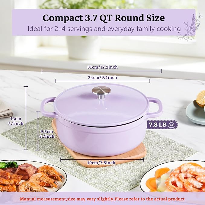 3.7 QT Enameled Cast Iron Dutch Oven with Lid, Purple - Heavy Duty Casserole Braiser Pot for Sourdough Bread, Roasting & Stews, Induction Compatible, Oven Safe 500°F for Small Families