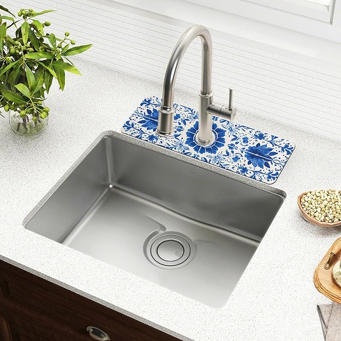 Kitchen Sink Splash Guard 2 PCS 14.7 Inch Sink Faucet Mat Splash Guard for Bathroom Countertop Water Absorbent Foldable Cuttable Soft Washable Floral Blue and White Tile