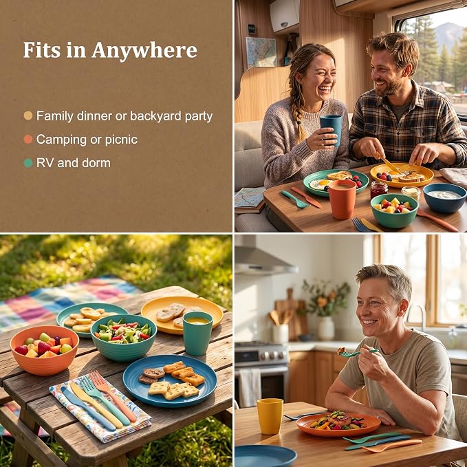 Wheat Straw Dinnerware Sets for 4, Kitchen Plates and Bowls Set, Unbreakable Kids Dishes Set 24 Piece, Microwave & Dishwahser Safe Plastic Dinnerware Set for Camping, RV, Party, Dorm - Multi