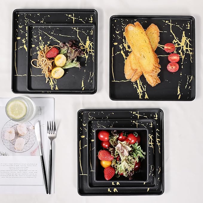 Melamine Dinnerware Sets - 12pcs Square Plates and Bowls Sets For 4, Indoor Outdoor Use, Dishwasher Safe, Black & Gold