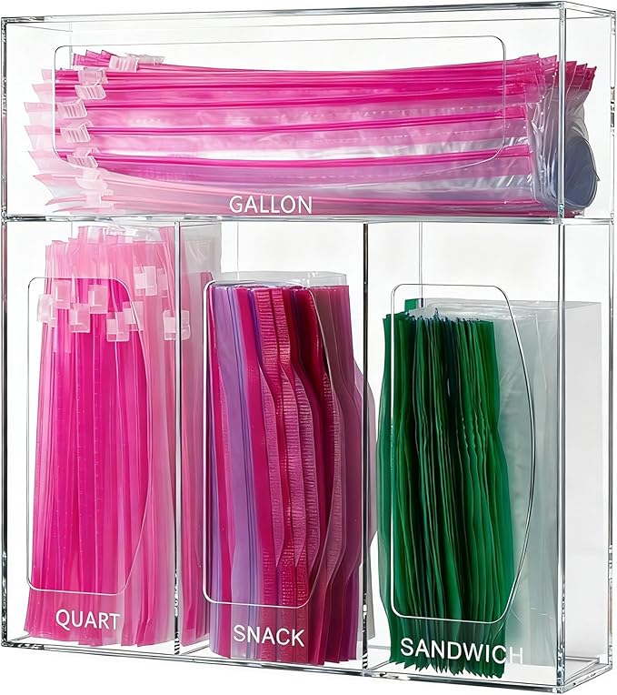 SEANADO Acrylic Zip Bag Storage Organizer, Bamboo Baggie Organizer Dispenser for Kitchen Drawer and Wall Mount，Compatible with Gallon, Quart, Sandwich & Snack Variety Size Bag(Clear)