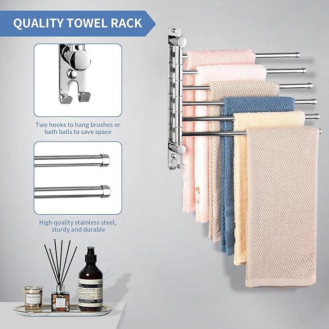 Swivel Towel Rack, 12.6 Inch Towel Bar with Wall Mounted 180° Rotation, 6 Arms Towel Hanger SUS 304 Stainless Steel, Space Saving for Kitchen, Bathroom, Outdoor, Mirror Polish