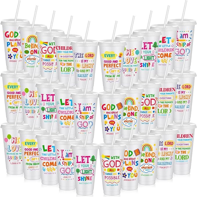 Uiifan 30 Pcs Vacation Bible School Cups for Kids, Christian Tumblers with Straws Bible Verse Cups for VBS, Sunday School, Church Party Favors Faith Gifts, Reusable Plastic Tumblers with Lids, White