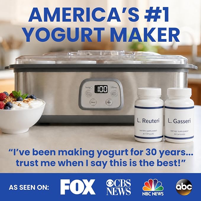 Ultimate Probiotic Yogurt Maker for Easy-to-Make Live Probiotics at Home with Adjustable Time & Temp Control, Best Kitchen Gift for Men & Women's Gut Health, UNLIMITED LIFETIME WARRANTY (8-Jar Model)