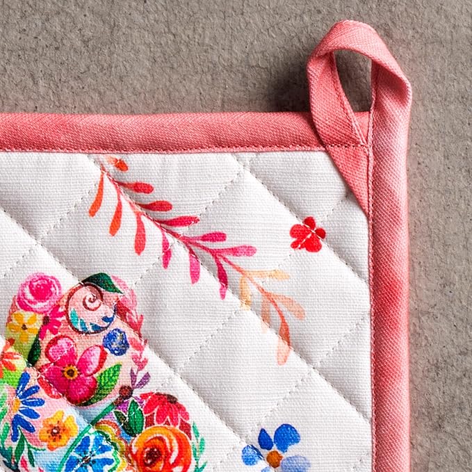 Maison d' Hermine Pot Holders 100% Cotton Heat Resistant Potholders 8" x 8" Hot Pads with Loop Baking Gifts for Mothers Day Handling Hot Pans Spring/Summer(Pack of 2, Happy Florals - High Summer)
