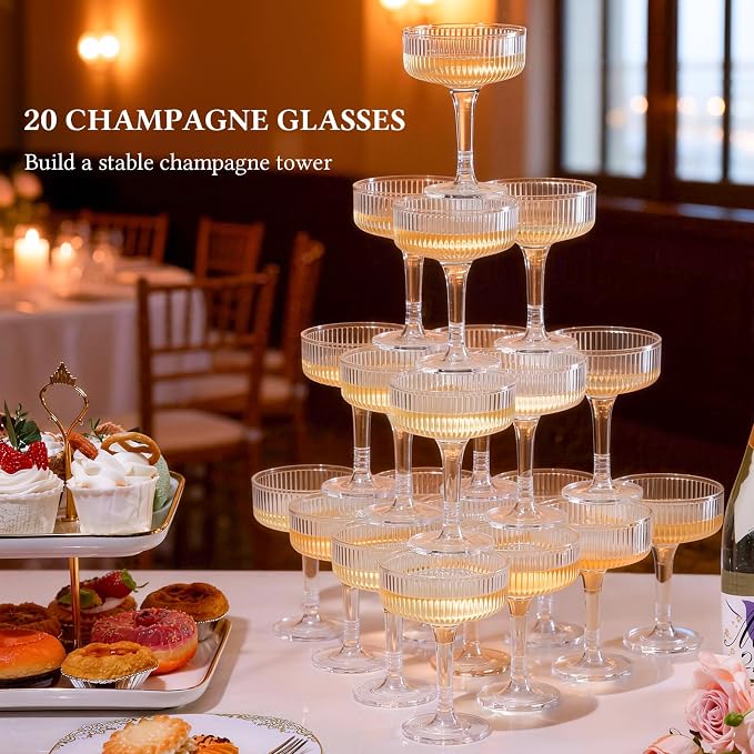 Goodluck 4-Tier Champagne Glasses - 20 PCS 7oz Clear Plastic Champagne Flutes, Plastic Coupe Glasses with Vertical Stripes for Weddings, Celebrations, Parties & Birthdays