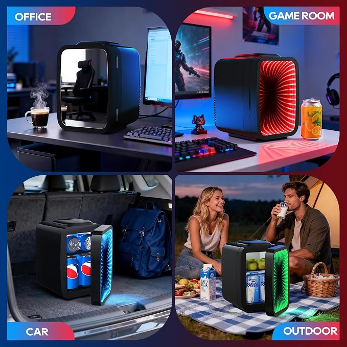 BEICHEN Mini Fridge, 4L/6 Can Small fridge with Dimmable Gaming Light for Bedroom,Office,Gaming room and Car,AC/DC Portable Thermoelectric Cooler & Warmer for Food, Drinks, Skincare,Black