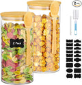 Glass Jars with Bamboo Lids and Spoon - 2 Pack 44 Fl.oz Round Pasta Storage Containers with Airtight Lid, Includes Labels, Marker and Brush, Large Kitchen Pantry Canisters for Rice, Noodles